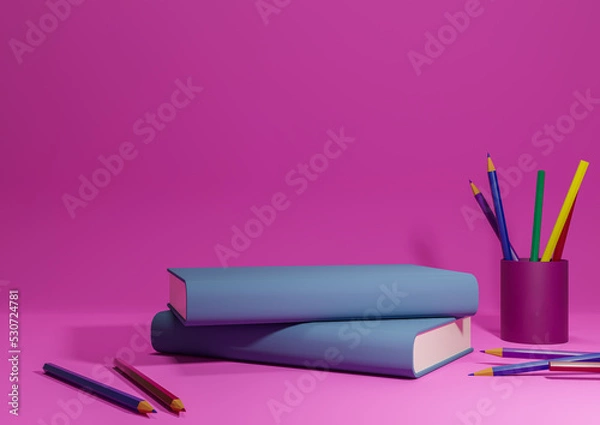 Fototapeta Bright magenta, neon pink  3D illustration back to school product display podium or stand, horizontal image from side with pencils and books on table for product photography background or wallpaper
