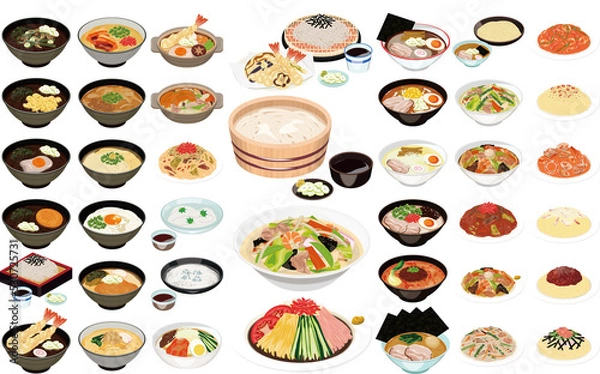 Obraz 麺類の人気メニューアイコン①（そば、うどん、ラーメン、パスタ）