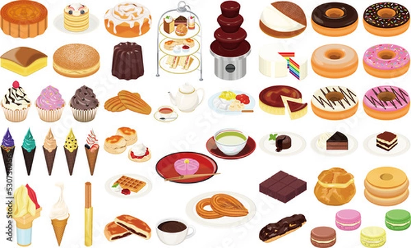 Obraz 世界の人気お菓子・スイーツのアイコン①（アフタヌーンティー、チョコフォンデュ、ケーキ、ドーナツ）