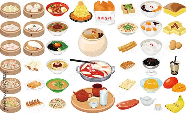 Obraz 台湾の人気グルメ・名産アイコン①（飲茶、台湾唐揚、ルーローハン、台湾ラーメン、豆花、かき氷）