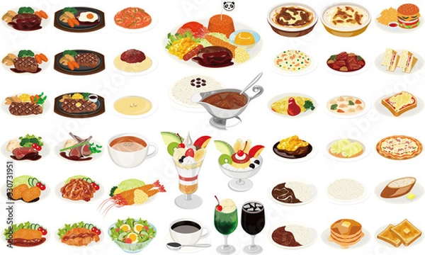 Obraz 洋食屋の人気料理アイコン①（お子様ランチ、オムライス、カレーライス、ナポリタン、パフェ）