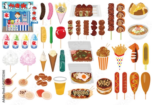 Obraz 屋台の人気メニューアイコン①（お好み焼き、焼そば、たこ焼、焼鳥、かき氷、あんず飴、チョコバナナ）