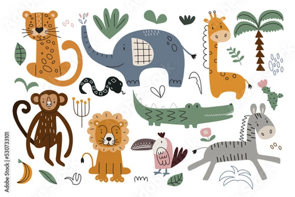 Fototapeta Set with cute jungle animals and plants. Vector illustration isolated on white background for your design