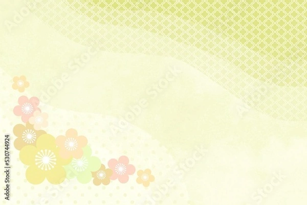 Fototapeta 和イメージの黄緑色の背景 年賀状 新春 新年 和柄 花 梅