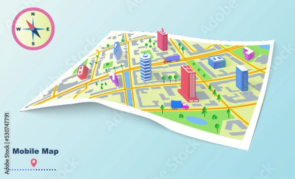 Fototapeta Vector illustration of auto navigator paper map with buildings, trees, cars and clods. EPS 10.