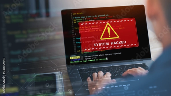 Obraz System zhakował alert po cyberataku na sieć komputerową. Uszkodzona koncepcja informacji. Bezpieczeństwo cybernetyczne i cyberprzestępczość wirusa internetowego.