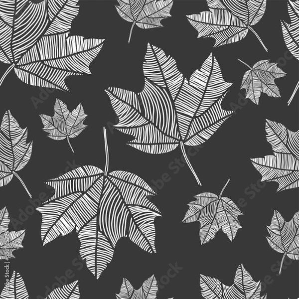 Fototapeta Abstract seamless floral pattern with maple leaves. Black and white. Vector illustration.