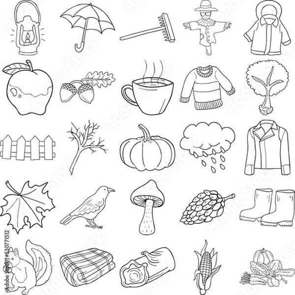 Obraz Autumn Hand Drawn Doodle Line Art Outline Set Containing Lantern, Umbrella, Rake, Harvest, Crow, Pumpkin, Branch, Log, Corn, Squirrel, Jacket, Apple, Mushroom, Sweater, Raincoat, Leaf, Rain, Scarecrow