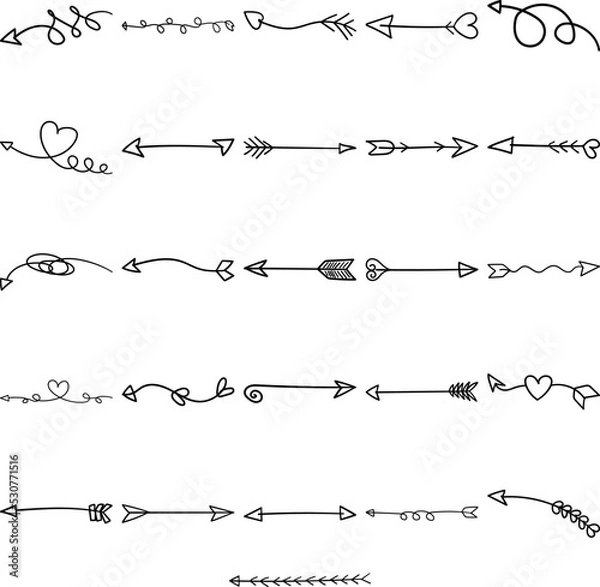 Obraz Arrows Hand Drawn Doodle Line Art Outline Set Containing arrow, arrows, bow, cursor, dart, missile, projectile, bolt, indicator, pointer, shaft