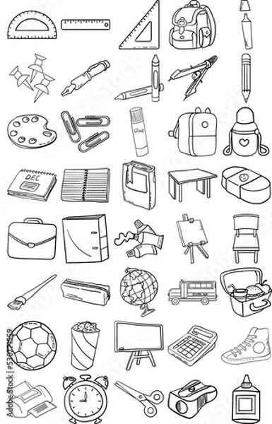 Obraz Back To School Hand Drawn Doodle Line Art Outline Set Containing Bag, Blackboard, Book, Notebook, Pencil, Crayon, Eraser, Ruler, Pen, Pins, Bin, Scissors, School Bus, Water Bottle, Clips, Desk, Chair