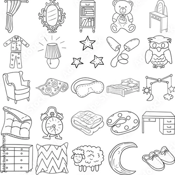 Obraz Bedroom Hand Drawn Doodle Line Art Outline Set Containing Bed, Carpet, Cushion, Blanket, Slippers, Alarm clock, Chest of drawers, Curtain, Lampshade, Mirror, Desk, Bookshelf, Dressing table, Teddy