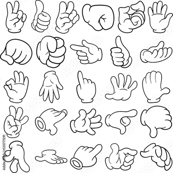 Obraz Cartoon Hand Hand-Drawn Doodle Line Art Outline Set Containing fist, grip, palm, peach man, a-ok, a-hole, dislike, high-five, talk to the hand, good job, you,  stop, just a part, this and that, punch,