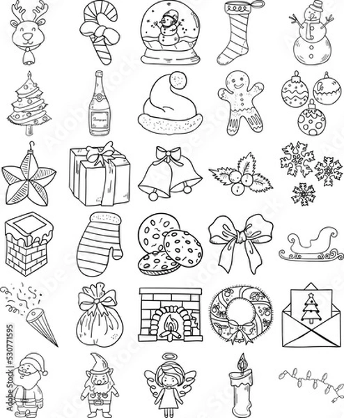 Obraz Christmas Hand Drawn Doodle Line Art Outline Set Containing angel, bells, bow, candle, candy cane, Champagne, chimney, Christmas card, Christmas tree, cookies, cracker, elf, fireplace, gingerbread