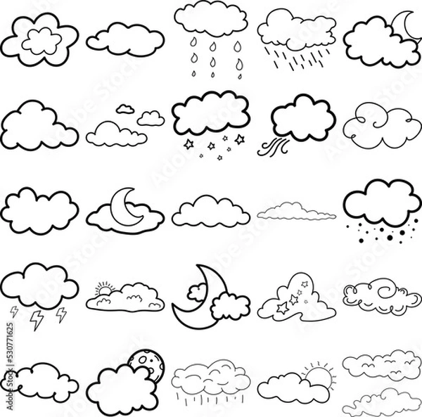 Obraz Cloudy Hand Drawn Doodle Line Art Outline Set Containing cloud, clouds, fog, mist, puff, smog, smoke, steam, vapor, veil, billow, dimness, film, fogginess, frost, haze, haziness, murk, nebula, obscuri
