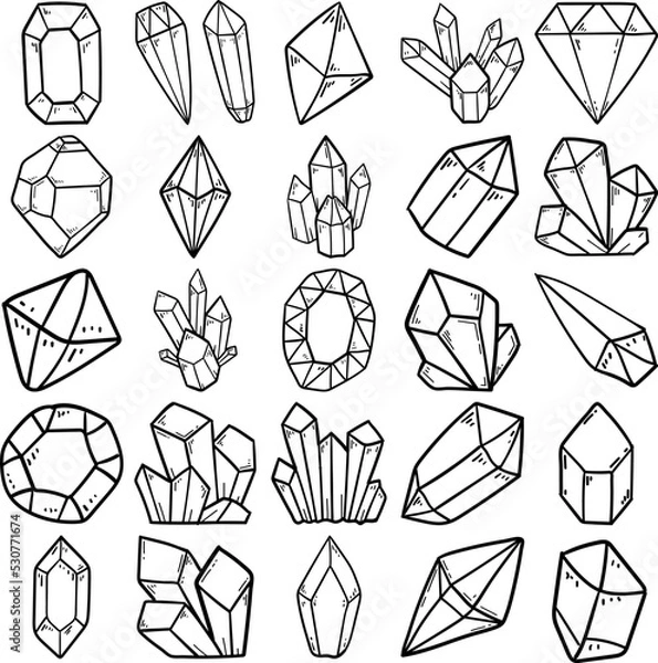 Obraz Crystal Hand Drawn Doodle Line Art Outline Set Containing crystal, gem, grain, gravel, metal, mineral, pebble, rock, boulder, crag, jewel, masonry, ore, stonework, clear-cut, limpid lucent, lucid