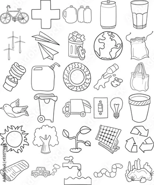 Obraz Earth Day Hand Drawn Doodle Line Art Outline Set Containing Earth, Water, Recycle, Plant, Recycle bin, Trash can, Newspaper, Plastic bottles, Glass, Can, Bicycle, Tree, Pollution, Trash truck, Litter