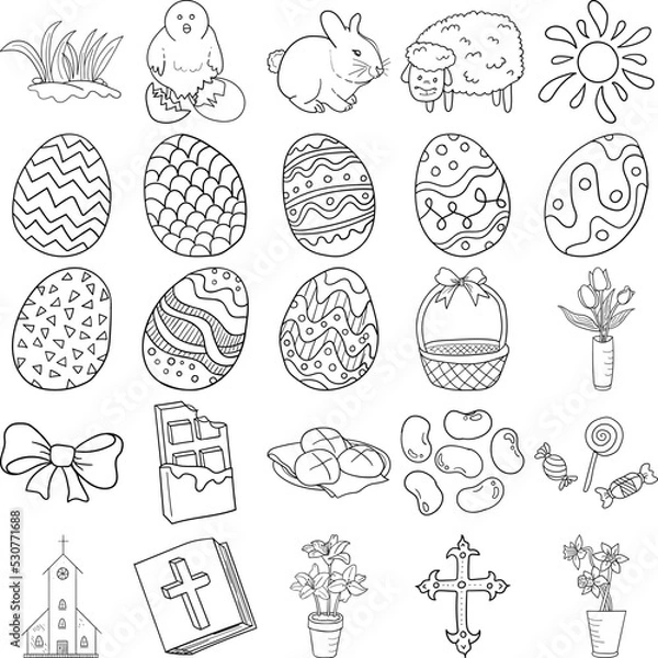 Obraz Easter Hand Drawn Doodle Line Art Outline Set Containing Easter eggs, Patterns, Candies, Chick, Bunny, Bow, Lamb, Sun, Tulips, Chocolate, Hot-cross buns, Basket, Jelly beans, Church, Cross, Grass