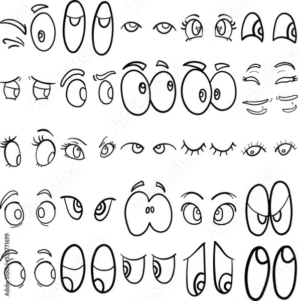 Obraz Eyes Hand Drawn Doodle Line Art Outline Set Containing Eyes, Optic, Eyes expression, Eyes body language, Looking up, Looking down, Looking sideways, Gazing, Glancing, Eye contact, Staring, Following