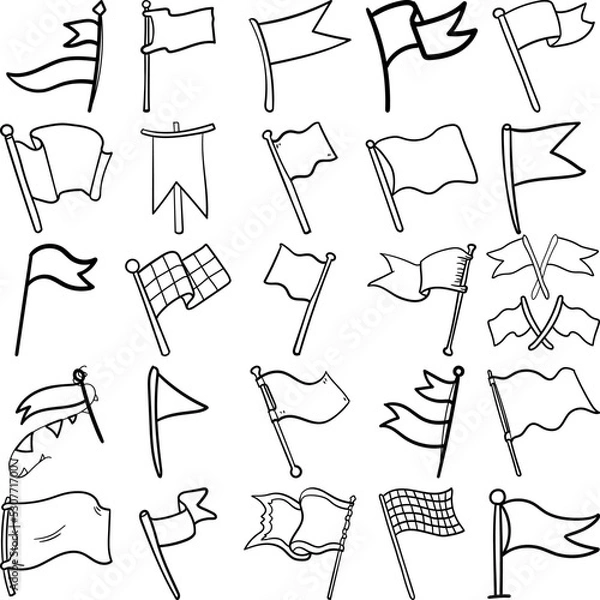 Obraz Flags Hand Drawn Doodle Line Art Outline Set Containing Flag, Flags, banner, emblem, streamer, colors, ensign, jack, pennon, standard, banderole, bannerol, burgee, gonfalon