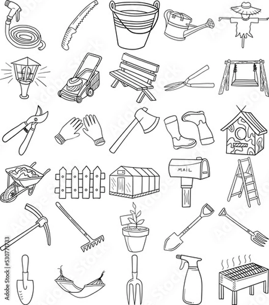 Obraz Garden Hand Drawn Doodle Line Art Outline Set Containing Fence, Plant pot, Axe, Gardening gloves, Rake, Hedge shears, Gardening fork, Garden hose, Boots, Watering can, Shovel, Pruning shears, Pruning 