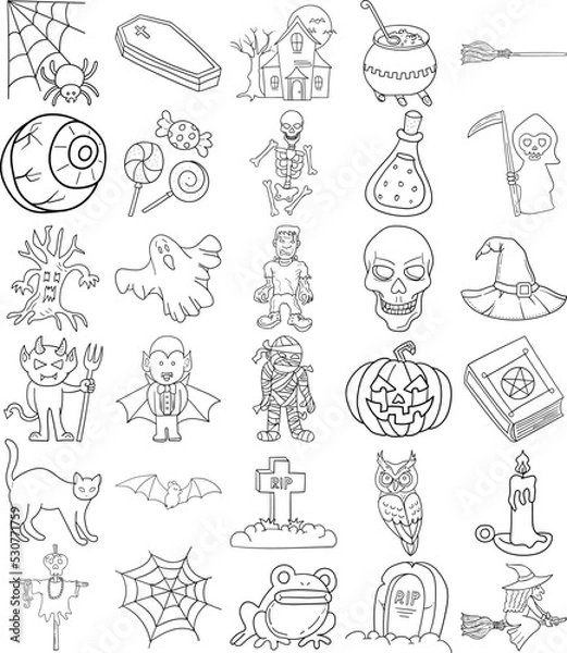 Obraz Halloween Hand Drawn Doodle Line Art Outline Set Containing Bat, Black cat, Devil, Ghost, Mummy, Haunted house, Cauldron, Witch, Witch hat, Witch’s broom, Candies, Owl, Spider, Spider web, Skull, Skel