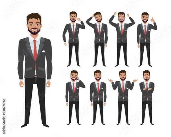 Obraz Set of emotions and poses for business man. Male in a cartoon style experiences different emotions.