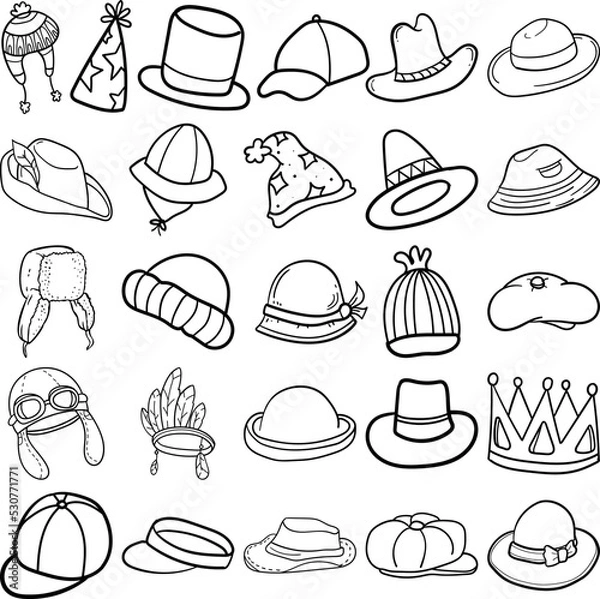 Obraz Hats Hand Drawn Doodle Line Art Outline Set Containing Hat, Cap, Fedora, Trilby, Panama Hat, Bowler, Snapback, Dad Hat, Newsboy, Flat Cap, Beanie, Bucket Hat, Baseball Cap, Trapper Hat, Boater
