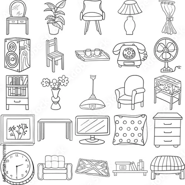 Obraz Living Room Hand Drawn Doodle Line Art Outline Set Containing Armchair, Sofa, Bookcase, Carpet, Chair, Chest of drawers, Clock, Coffee table, Curtain, Light, Mirror, Picture, Plant, Shelf, Speaker