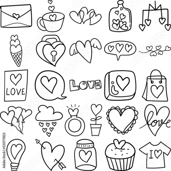 Obraz Love Hand Drawn Doodle Line Art Outline Set Containing Love, Valentine, Card, Envelope, Heart, Hearts, Lovesick, Lock, Ice cream, Ring, Arrow, Cupcake, Bottle, Balloons, Bulb, Cup, Cloud, Rain, Wings