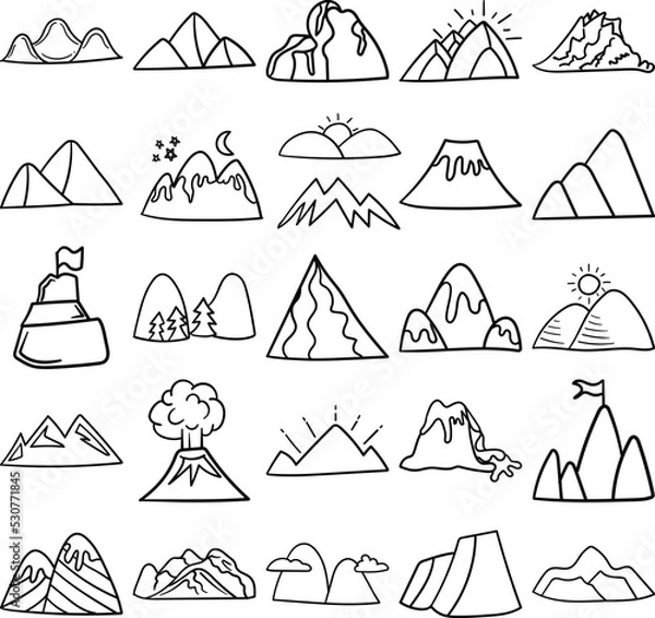 Obraz Mountains Hand Drawn Doodle Line Art Outline Set Containing mountain, mountains, bluff, cliff, peak, pile, ridge, sierra, volcano, alp, bank, butte, crag, dome, drift, glob, heap, height, hump, mass