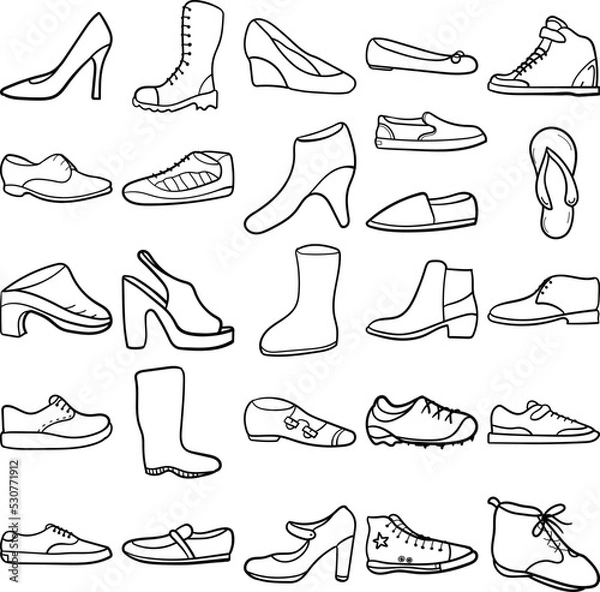 Obraz Shoes Hand Drawn Doodle Line Art Outline Set Containing Shoe, Shoes, Knee high boots, Boots, Cowboy boots, Wellington boots, Uggs, Timberland boots, Work boots, Laced booties, Scarpin heels, Court sho