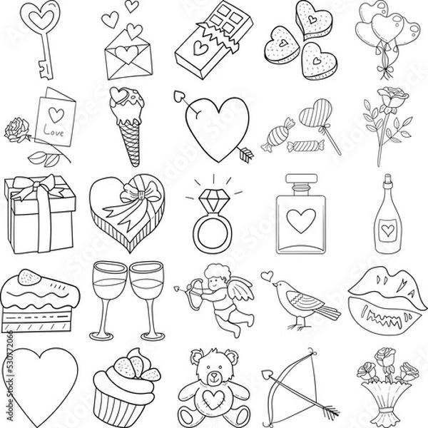 Obraz Valentine Hand Drawn Doodle Line Art Outline Set Containing Card, Envelope, Perfume, Kiss, Bird, Rose, Chocolate, Bouquet, Cupid, Lovesick, Key, Ice cream, Ring, Arrow, Cookies, Cupcake, Cake, Gift