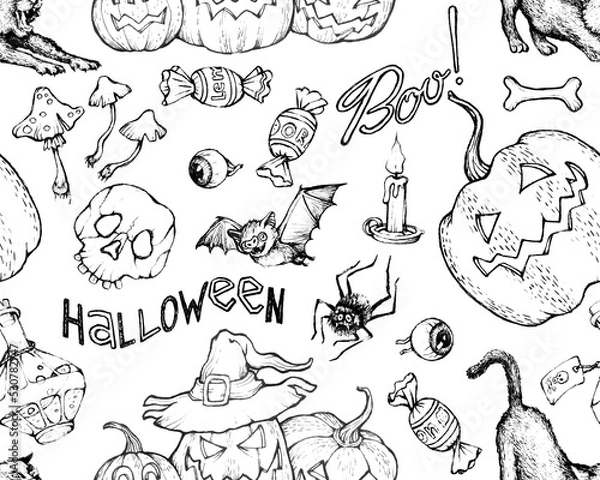 Fototapeta Seamless pattern from thematic isolated images on a white background for Halloween. Sketches of magical characters and things are drawn with ink.