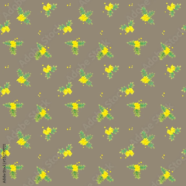 Fototapeta ミモザ（フサアカシア）のパターン　手描き水彩イラストの花柄テキスタイル