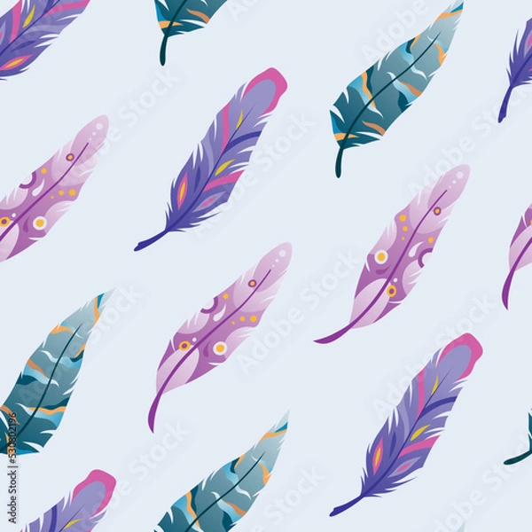 Fototapeta Seamless pattern with feathers. Blue, pink and purple feathers.