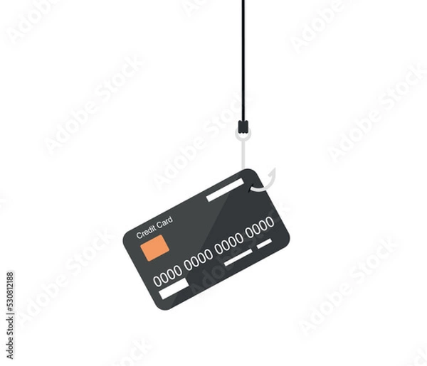 Fototapeta Hacker steals credit card with fishing rod. Flat Vector cartoon character. internet thief. isolated on white background.
