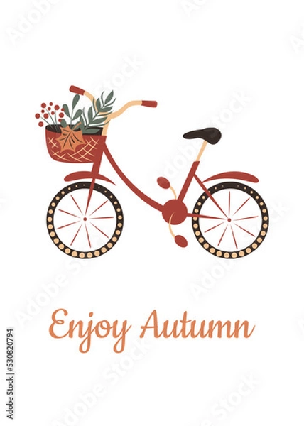 Fototapeta Bicycle with a basket and autumn leaves. Greeting card with picture and text "Enjoy autumn".