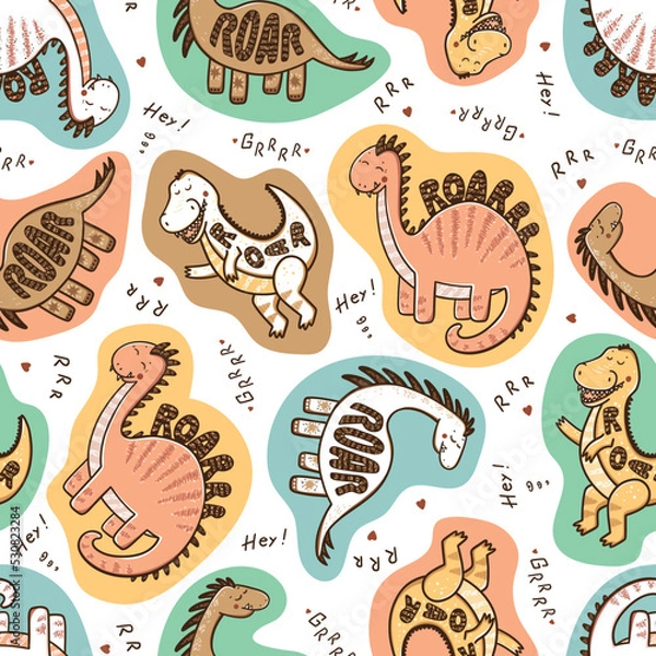 Fototapeta Vector Cute Dinosaur Seamless Pattern for kids. Childish Colorful Background with Funny Dinosaurs.
