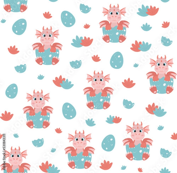 Fototapeta Seamless pattern with cute little cartoon red dragons in broken egg shell. Perfect for fabric, wall or wrapping paper
