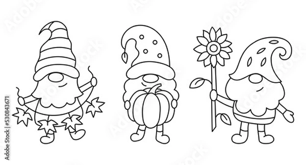 Obraz Cute autumn gnomes. Ideal for coloring books, stamps, invitations and others. Doodle style. Outline vector illustration.