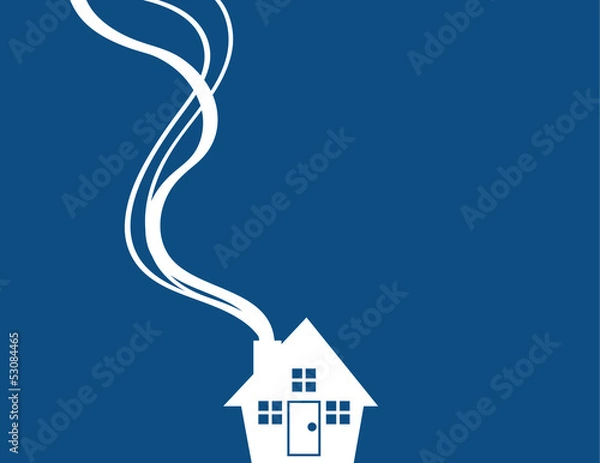 Fototapeta Minimal blue house with smoke coming from chimney