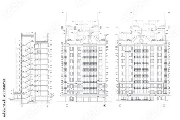 Fototapeta Multistory building facades, detailed architectural technical drawing, vector blueprint