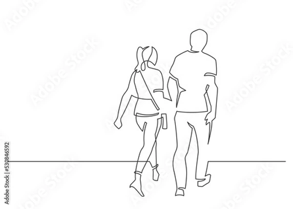 Fototapeta Continuous line drawing of walking couple. Vector illustration