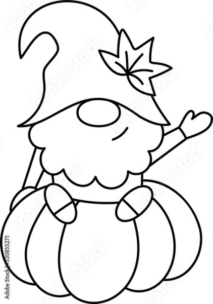 Obraz The gnome is sitting on a large pumpkin and waving his hand. Thanksgiving day character. Doodle style. Outline vector illustration. Ideal for coloring books, stamps, greeting cards and others. 