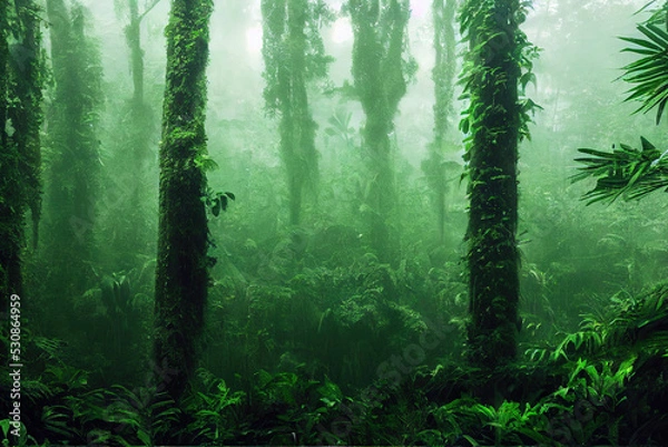 Fototapeta lush green forest with fog and haze