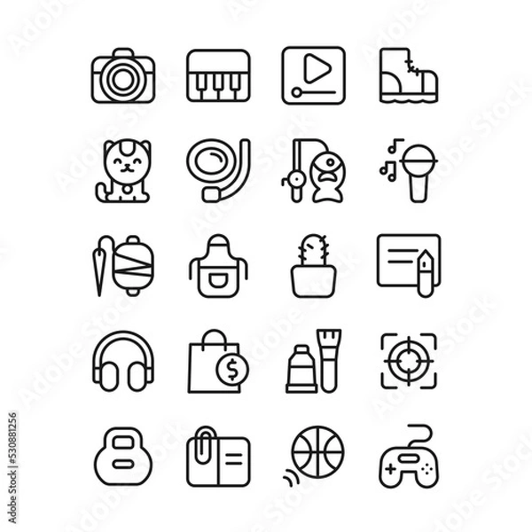 Obraz Hobby and entertainment icon set vector. Leisure weekend activity outline sign, line symbol collection. Photo, music, hiking, diving, fishing, cooking, gaming. Editable stroke, pixel perfect 48x48.