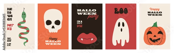 Fototapeta Set of groovy halloween posters. Halloween invitation in minimalist retro style