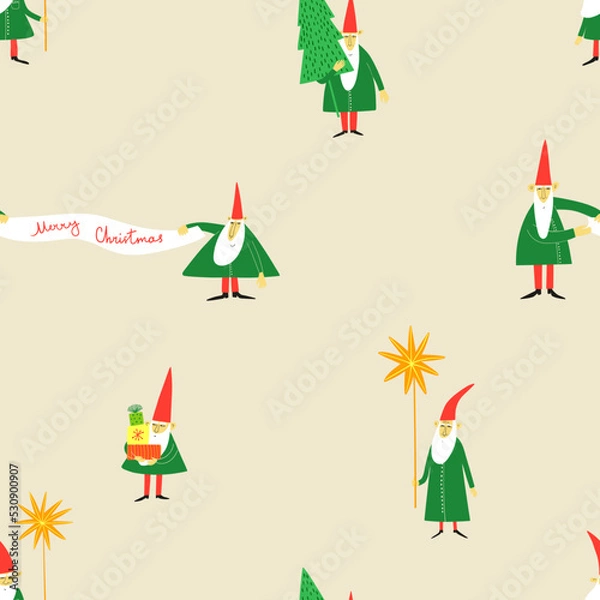 Fototapeta Christmas seamless pattern with funny gnomes