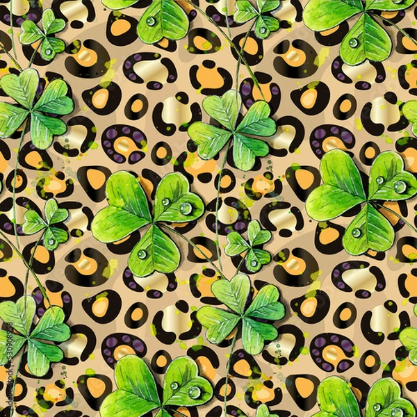 Obraz Horisontal background with three-leaved shamrocks, Lucky Irish Four Leaf Clover in the Field on leopard background. with three-leaved shamrocks, St. Patrick's day holiday symbol