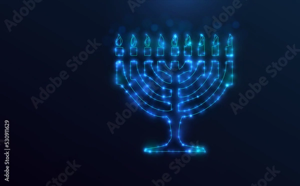 Fototapeta Starry Menorah drawing. Stars and blue neon decoration on deep space. Traditional chandelier, ornate silhouette for Happy Hanukkah. Symbol of the Jewish festival of lights.	